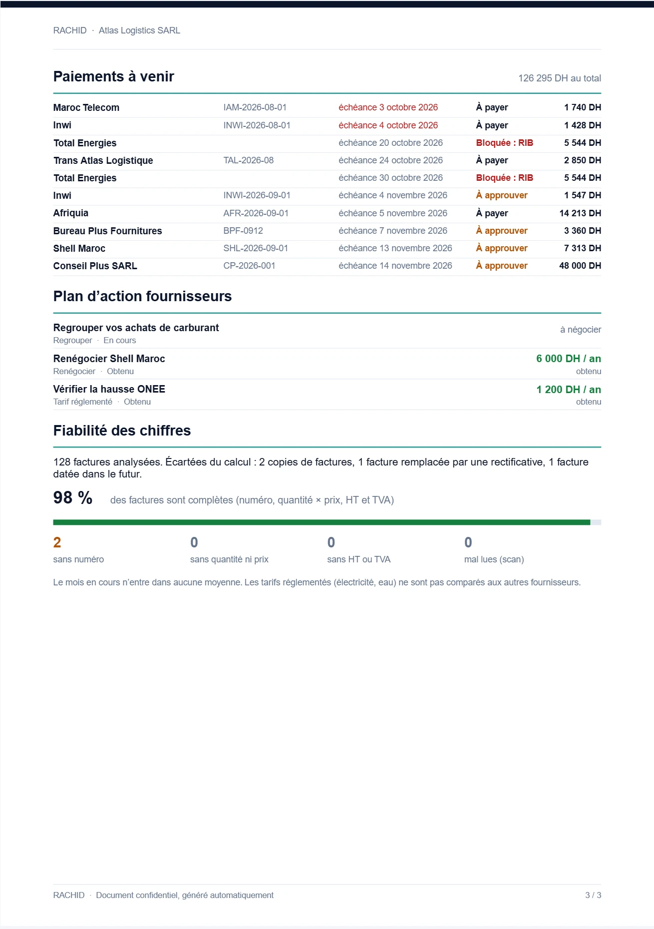 Page 3 du rapport : paiements à venir, plan d’action, fiabilité des chiffres